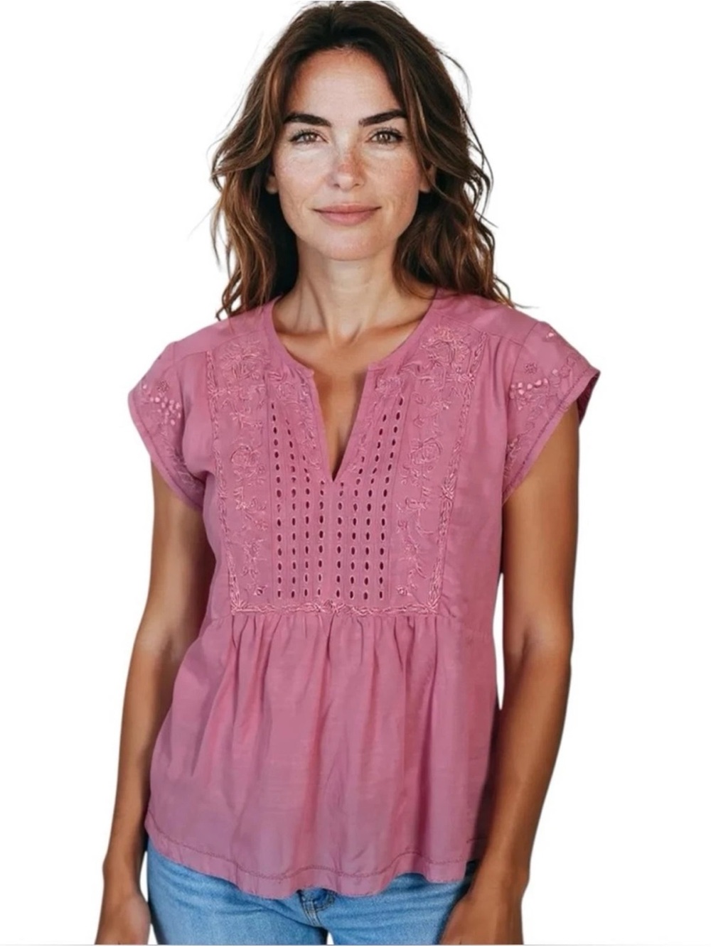 Sundance Katana Blouse‎ Top Pink Embroidered XS Boho Peasant Feminine Breezy